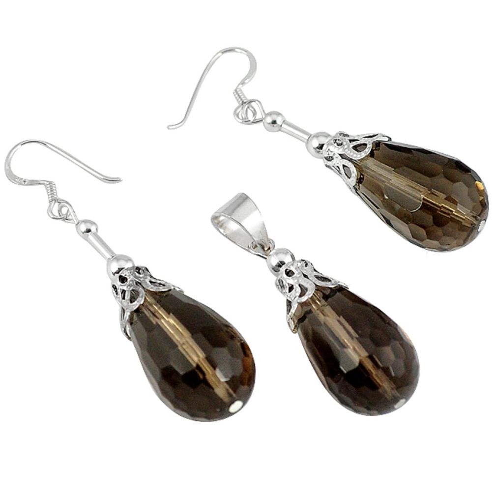 45.50cts brown smoky topaz 925 sterling silver pendant earrings set a30539