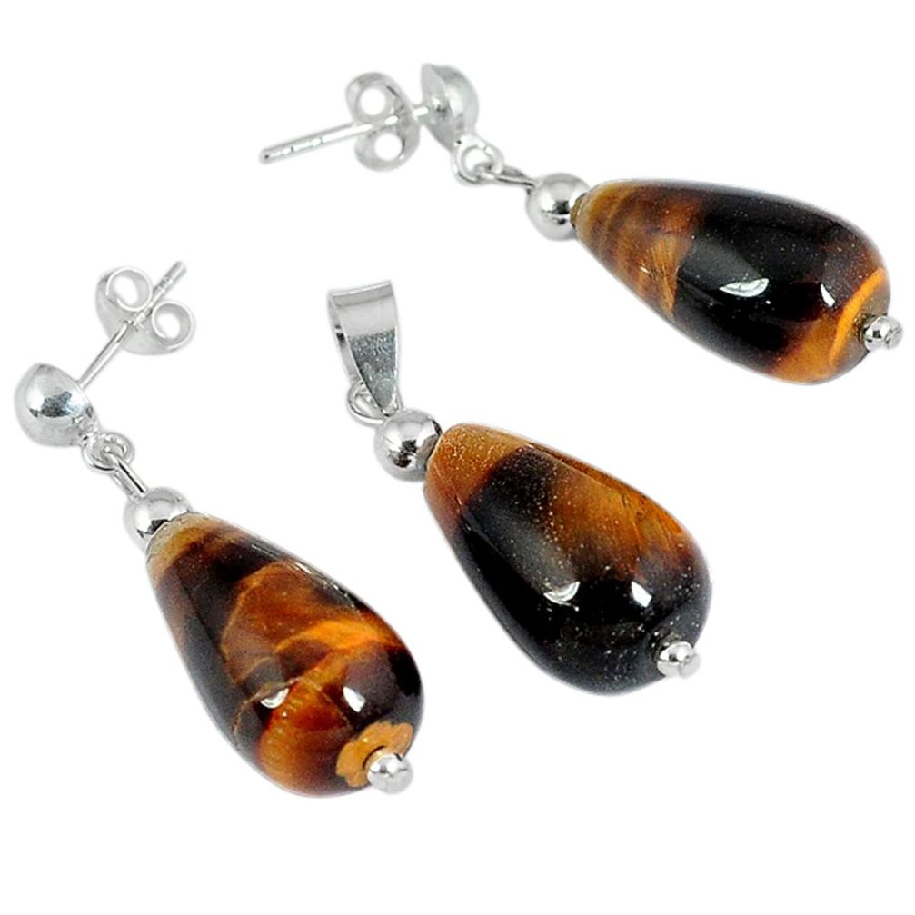 29.54cts natural brown tiger's eye 925 silver pendant earrings set a30546