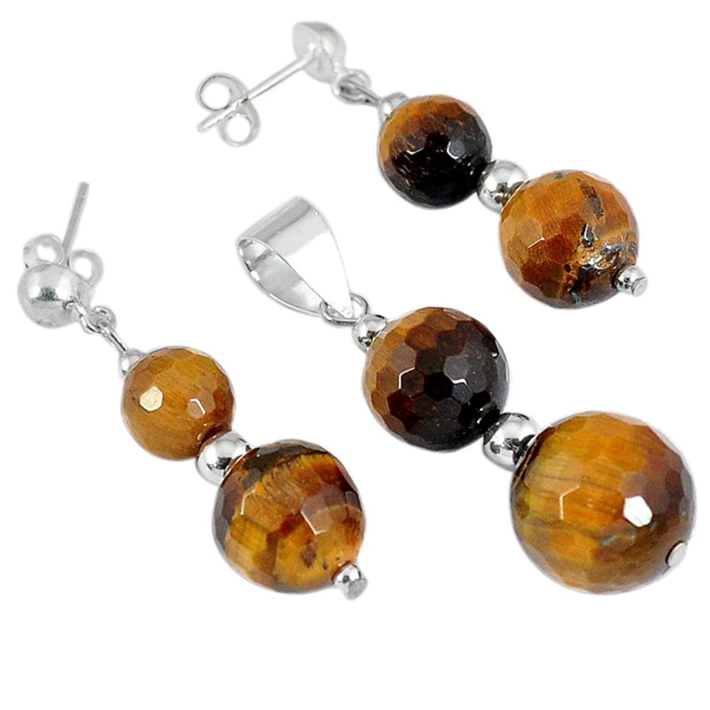 35.03cts natural brown tiger's eye 925 silver pendant earrings set a30547