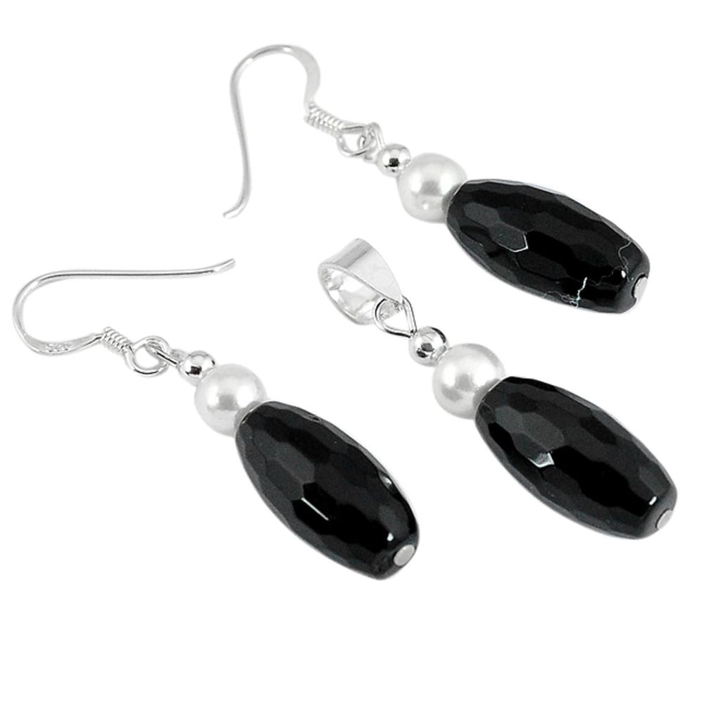 17.11cts natural black onyx pearl 925 silver pendant earrings set a30553