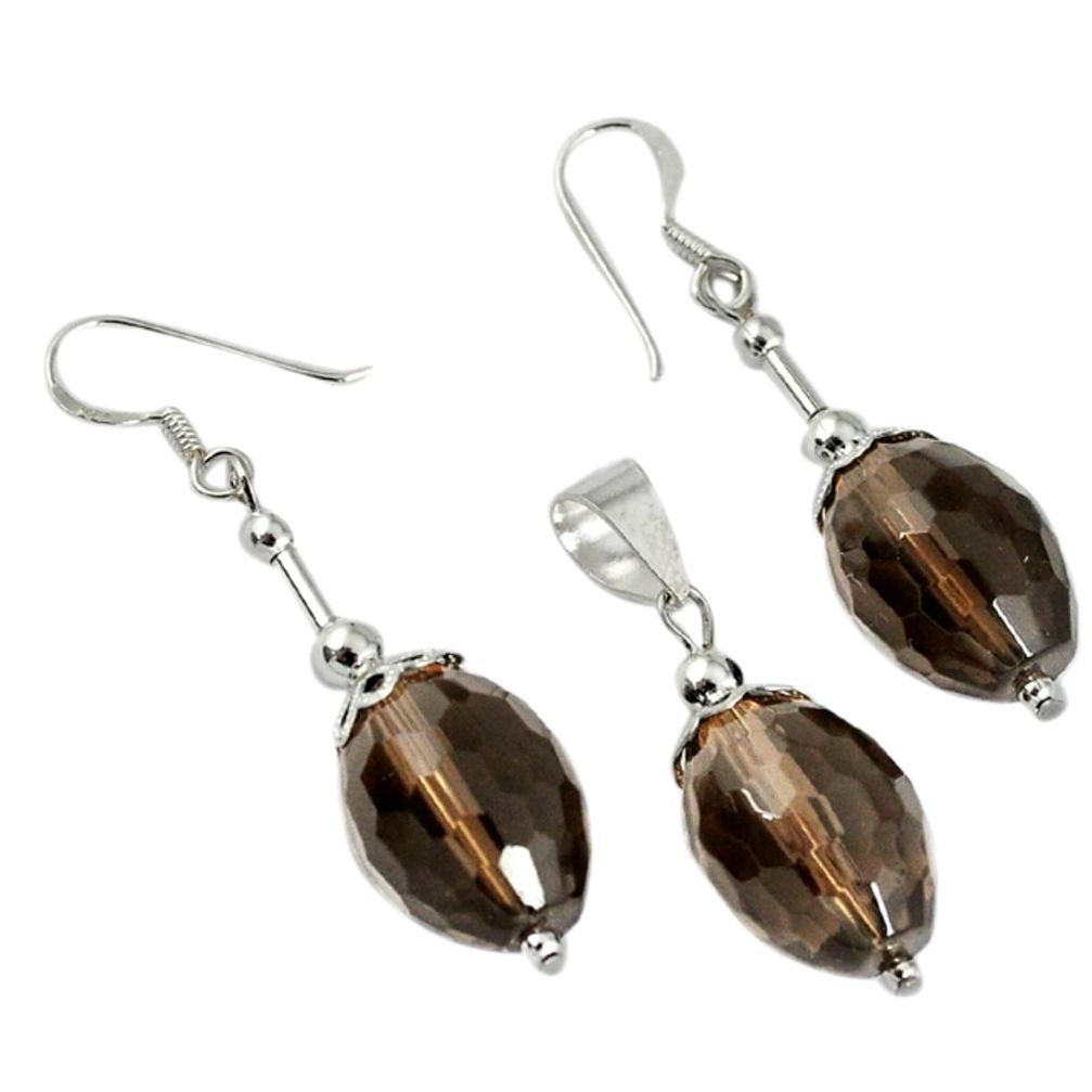 36.38cts brown smoky topaz 925 sterling silver pendant earrings set a30572