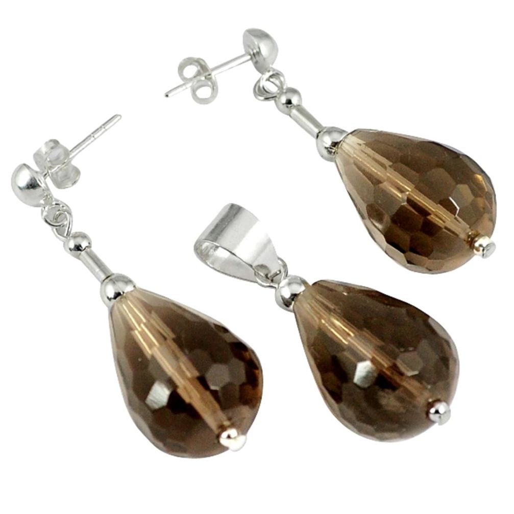 42.85cts brown smoky topaz 925 sterling silver pendant earrings set a30578