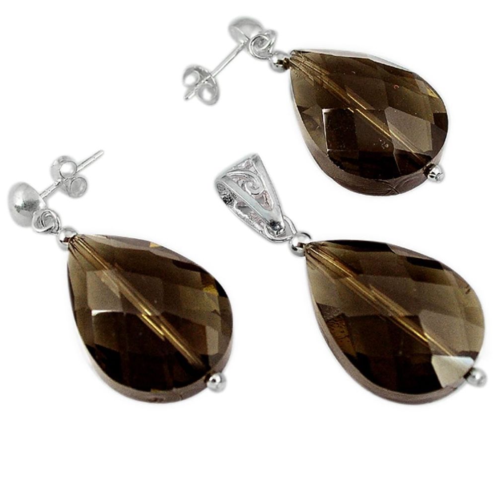 66.46cts brown smoky topaz beads sterling silver pendant earrings set a30581