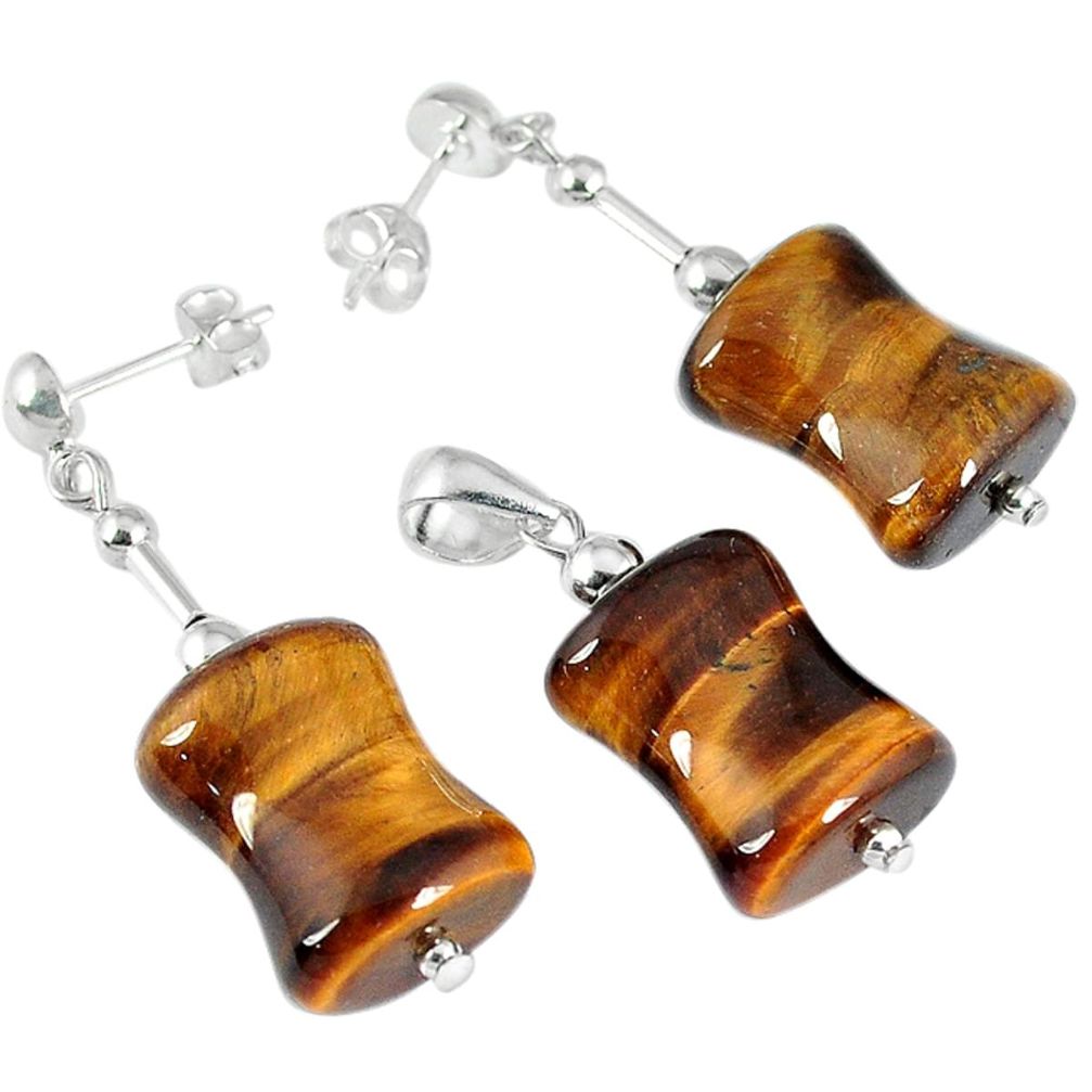 28.12cts natural brown tiger's eye beads silver pendant earrings set a30589