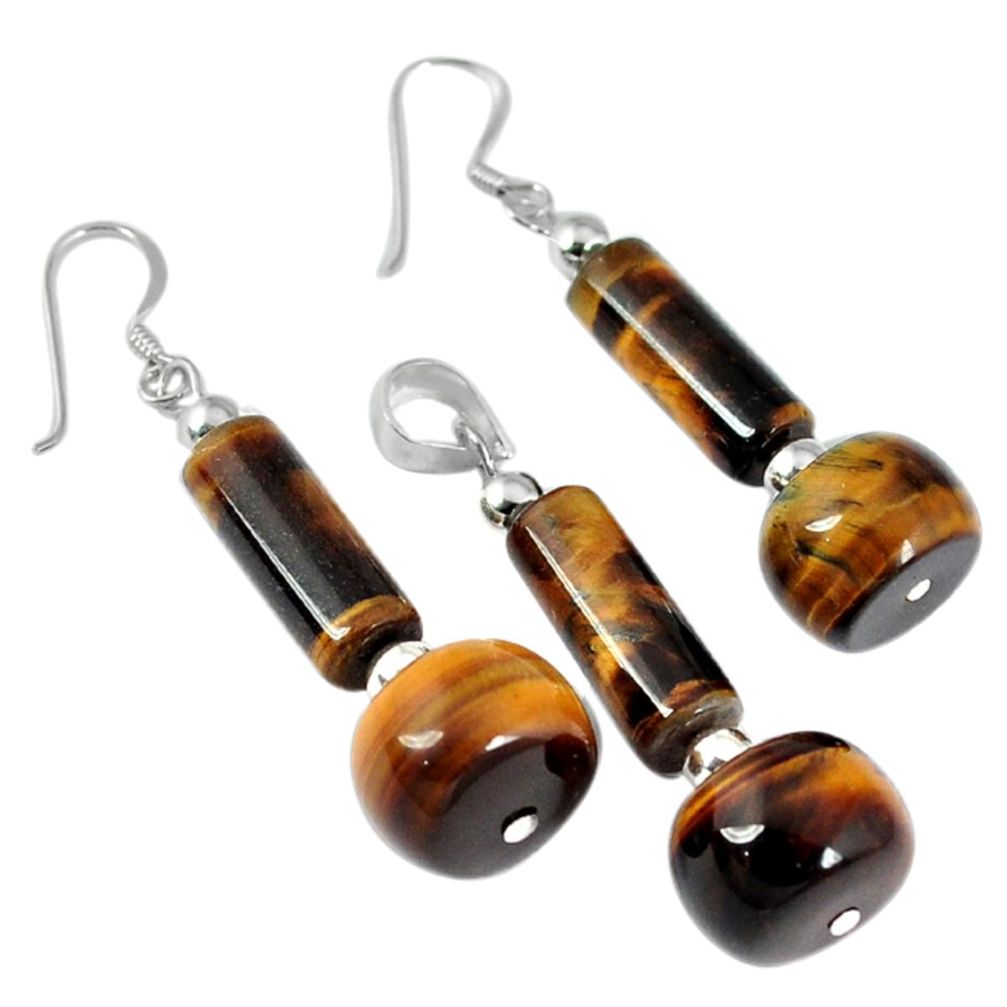 34.10cts natural brown tiger's eye beads silver pendant earrings set a30590
