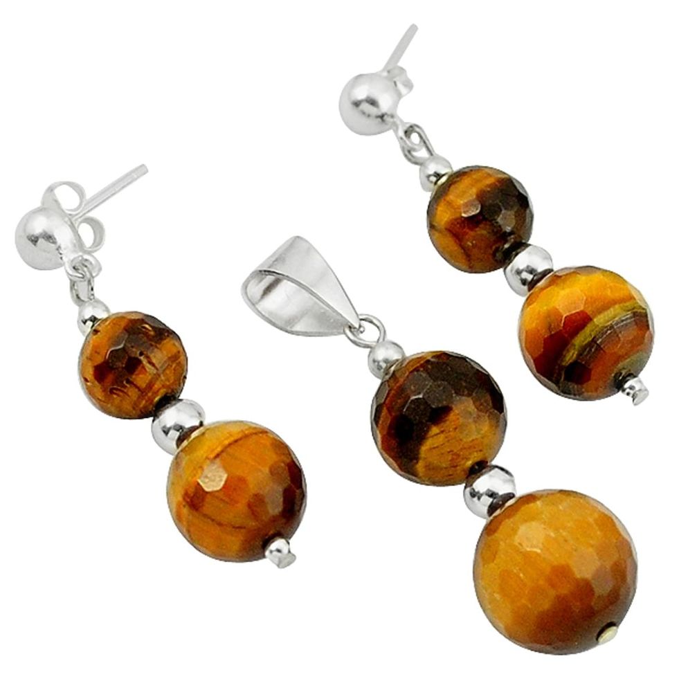 Natural brown tiger's eye 925 silver pendant earrings set jewelry a43248