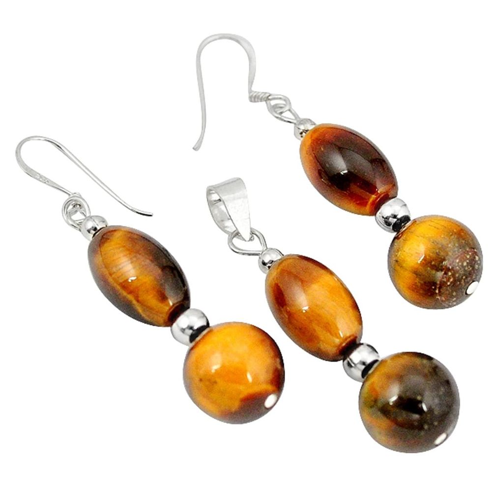 Clearance Sale-925 sterling silver natural brown tiger's eye pendant earrings set a49777