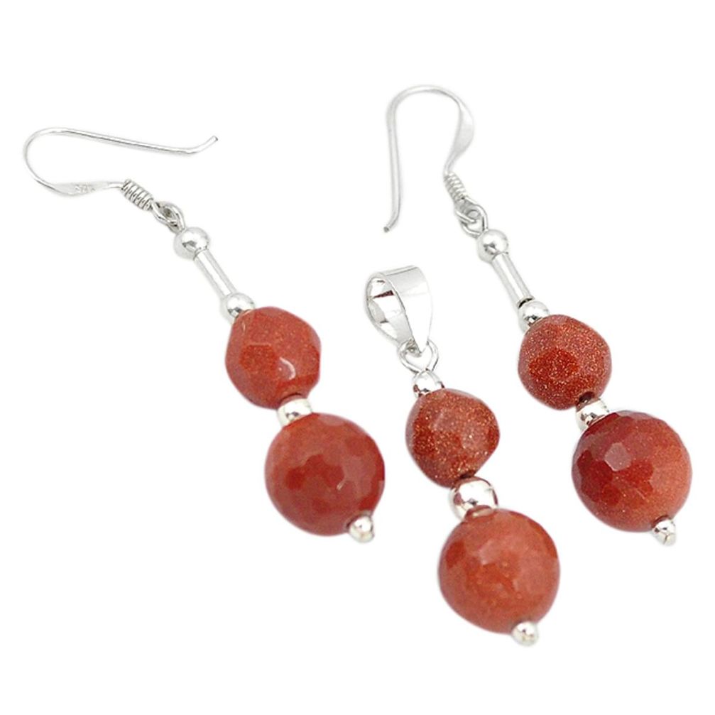 Clearance Sale-Natural brown goldstone 925 sterling silver pendant earrings set a49878
