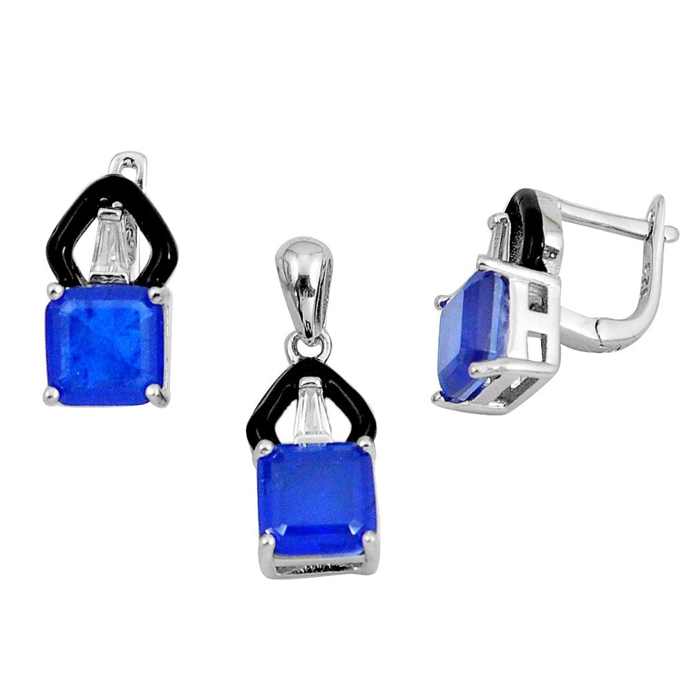 10.74cts blue sapphire (lab) topaz 925 silver pendant earrings set a87657