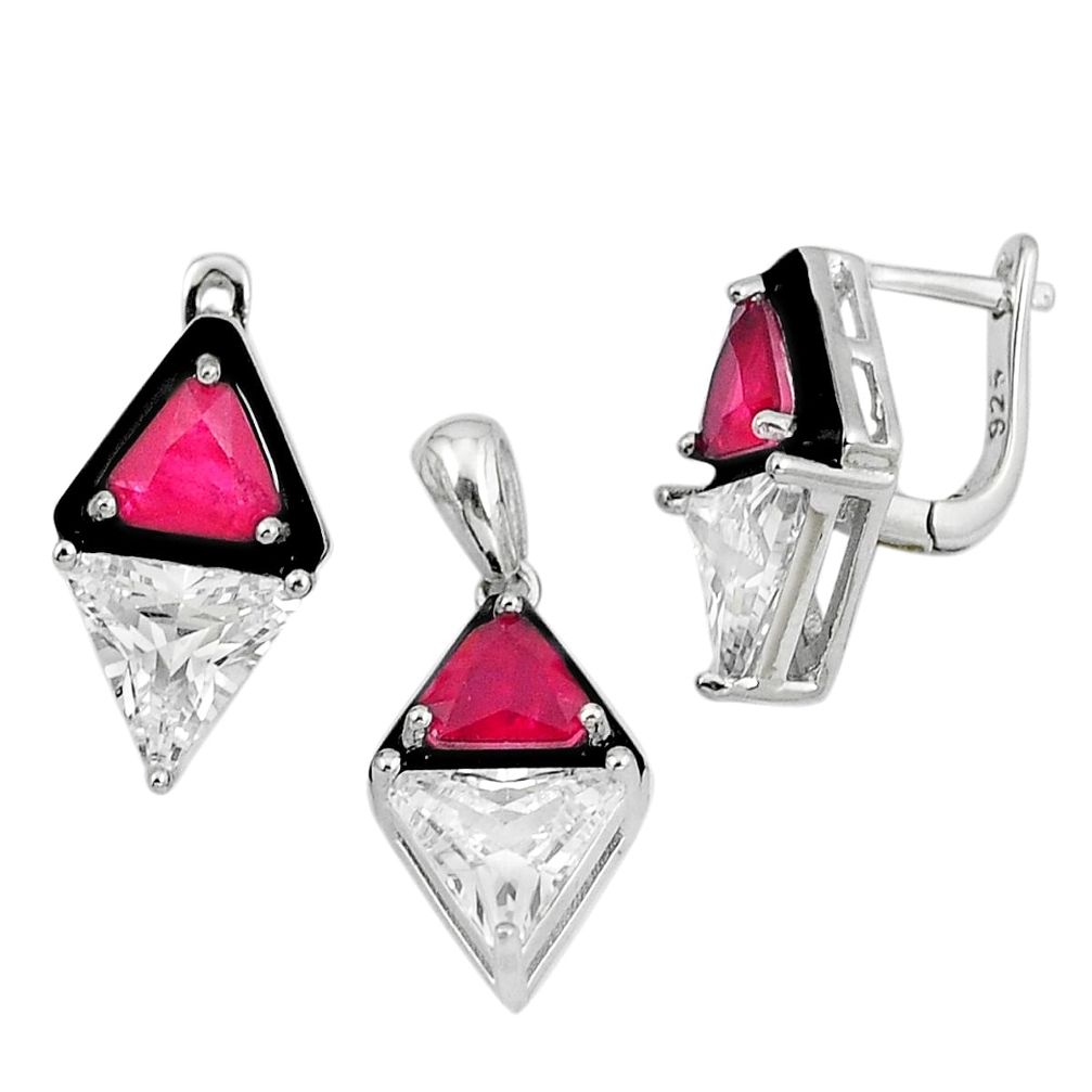 13.90cts red ruby (lab) topaz 925 sterling silver pendant earrings set a87689