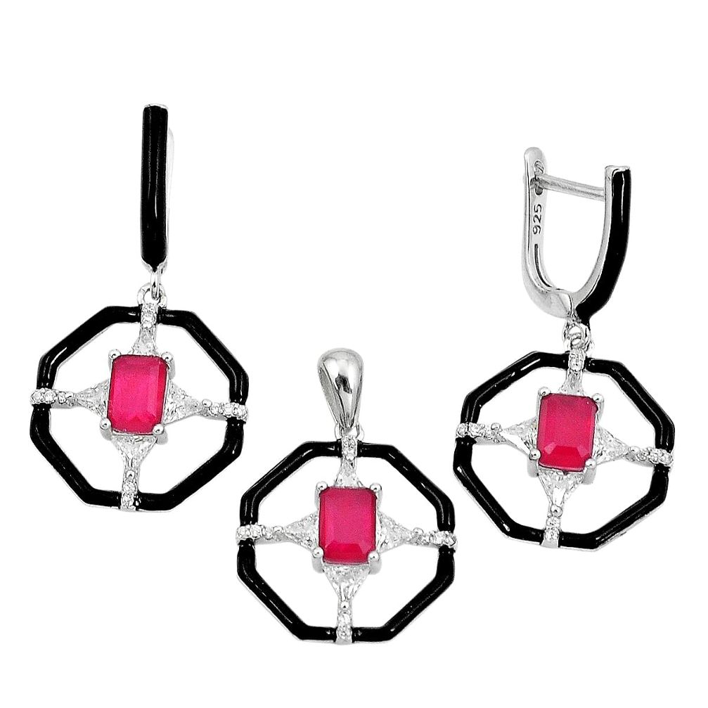 8.90cts red ruby (lab) topaz enamel 925 silver pendant earrings set a87690