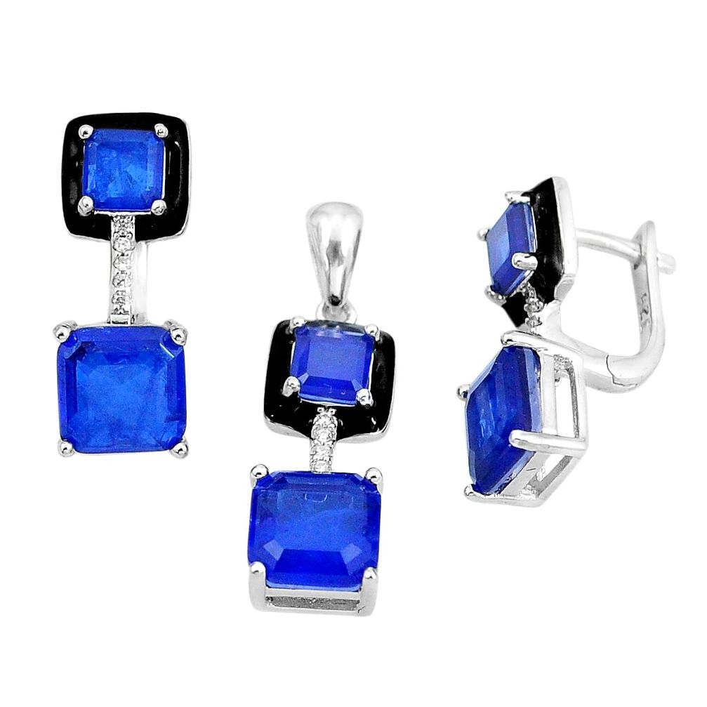 11.83cts blue sapphire (lab) topaz 925 silver pendant earrings set a87696