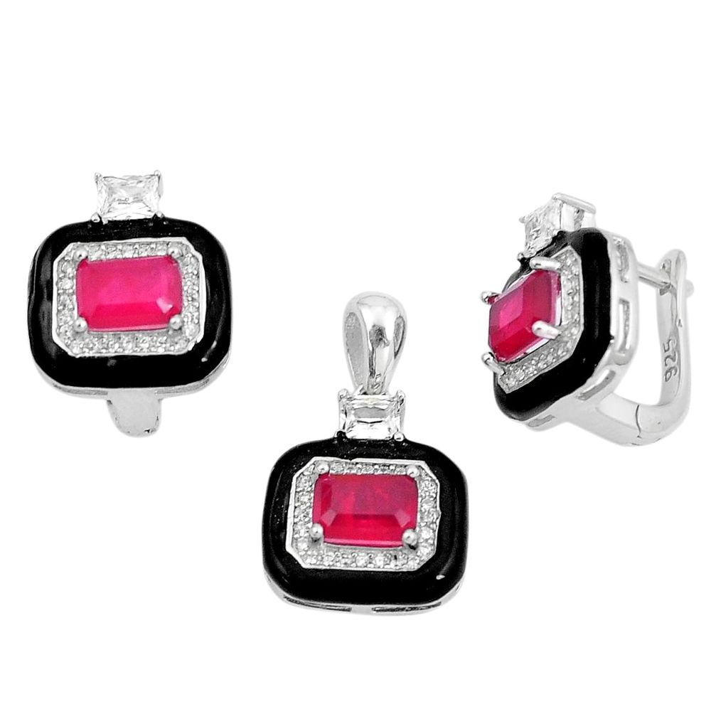 10.84cts red ruby (lab) topaz 925 sterling silver pendant earrings set a87721