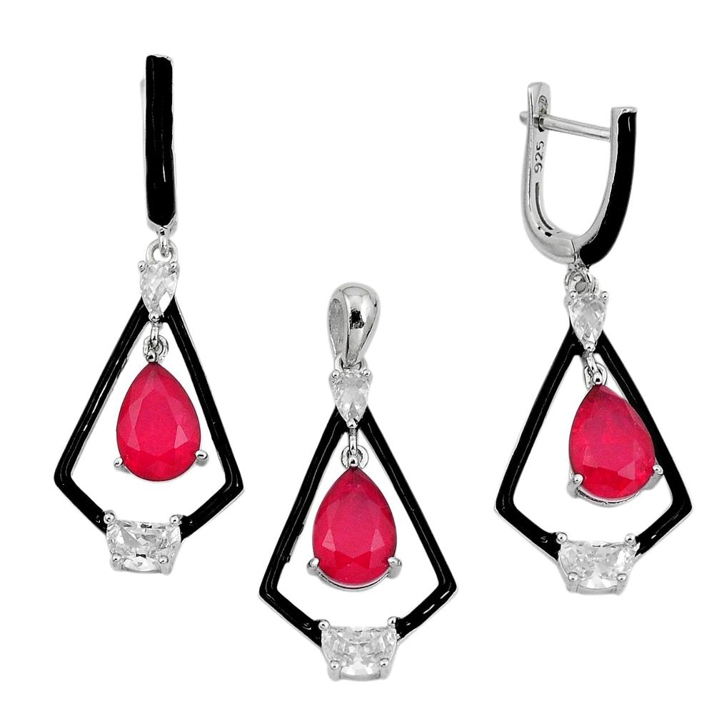 12.31cts red ruby (lab) topaz enamel 925 silver pendant earrings set a87727