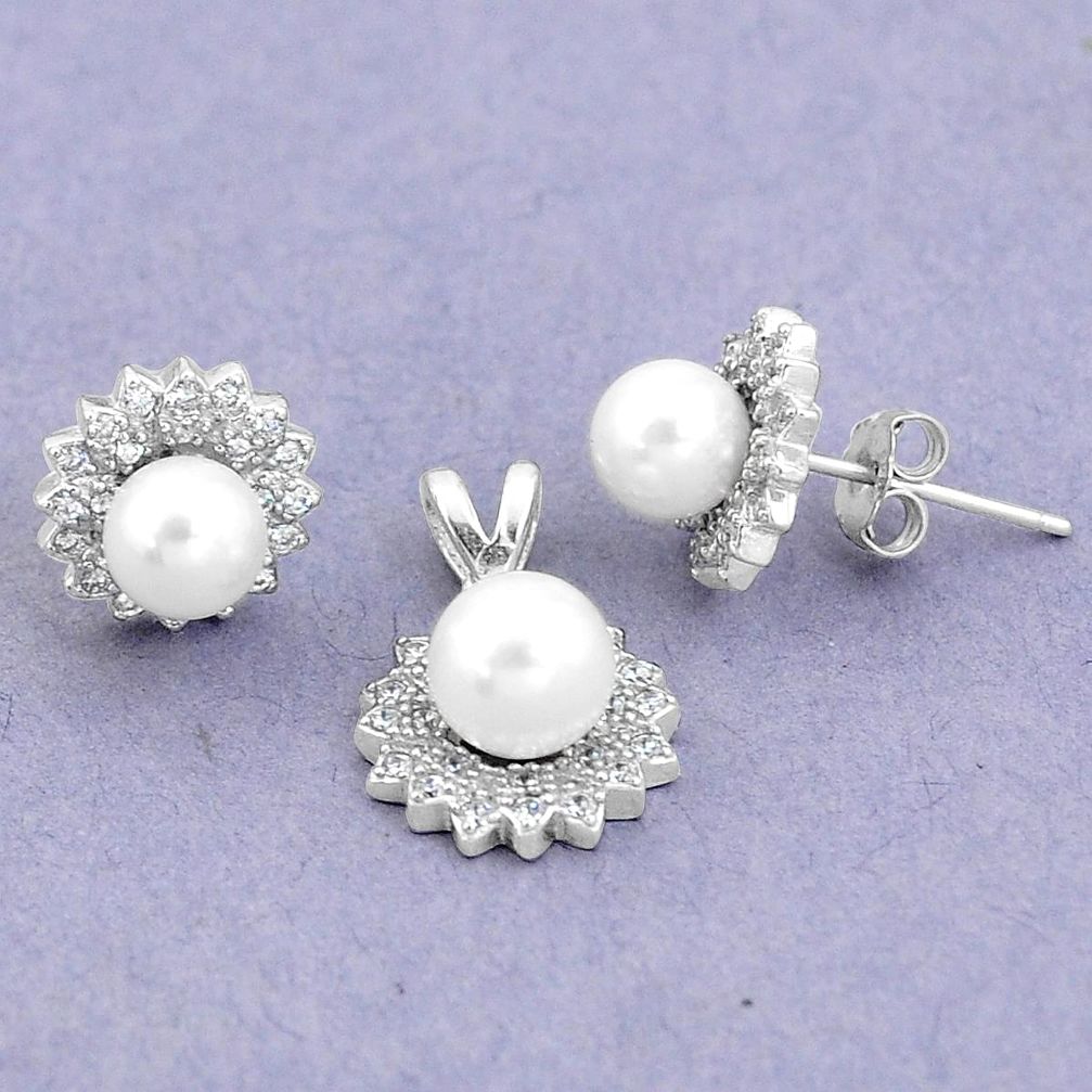 925 silver 7.36cts natural white pearl topaz round pendant earrings set a87867