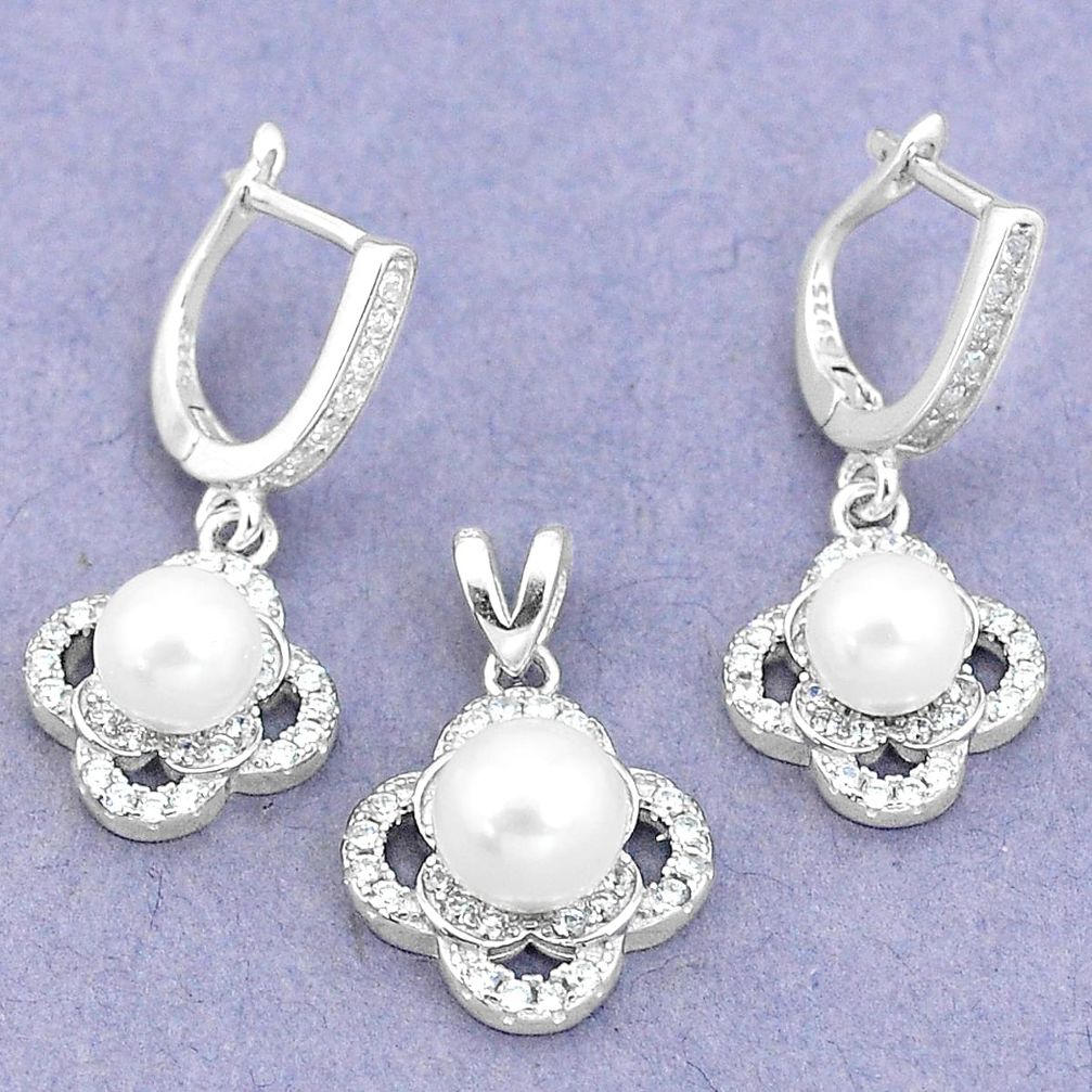 8.96cts natural white pearl topaz round 925 silver pendant earrings set a87877