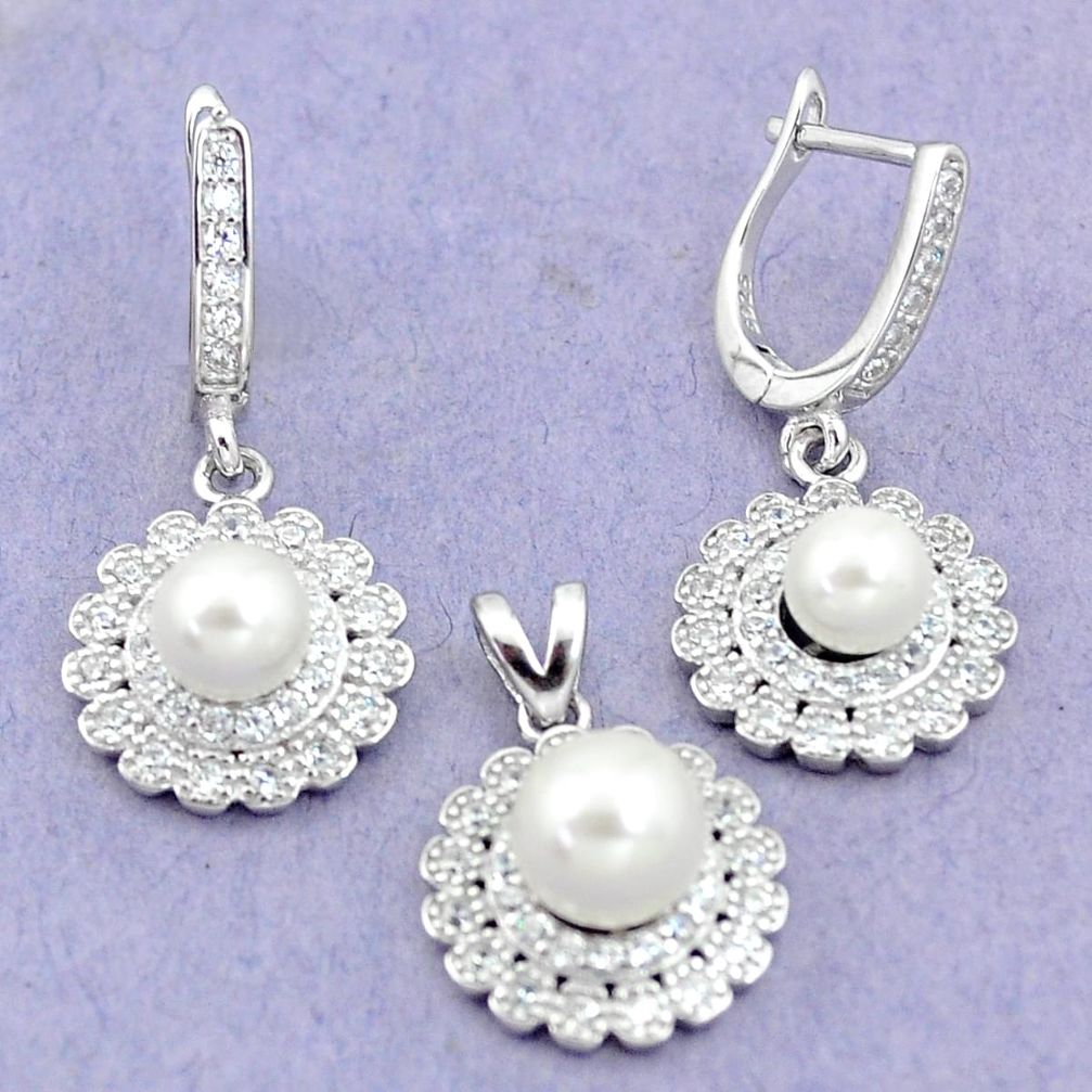 925 silver 9.93cts natural white pearl topaz round pendant earrings set a87944