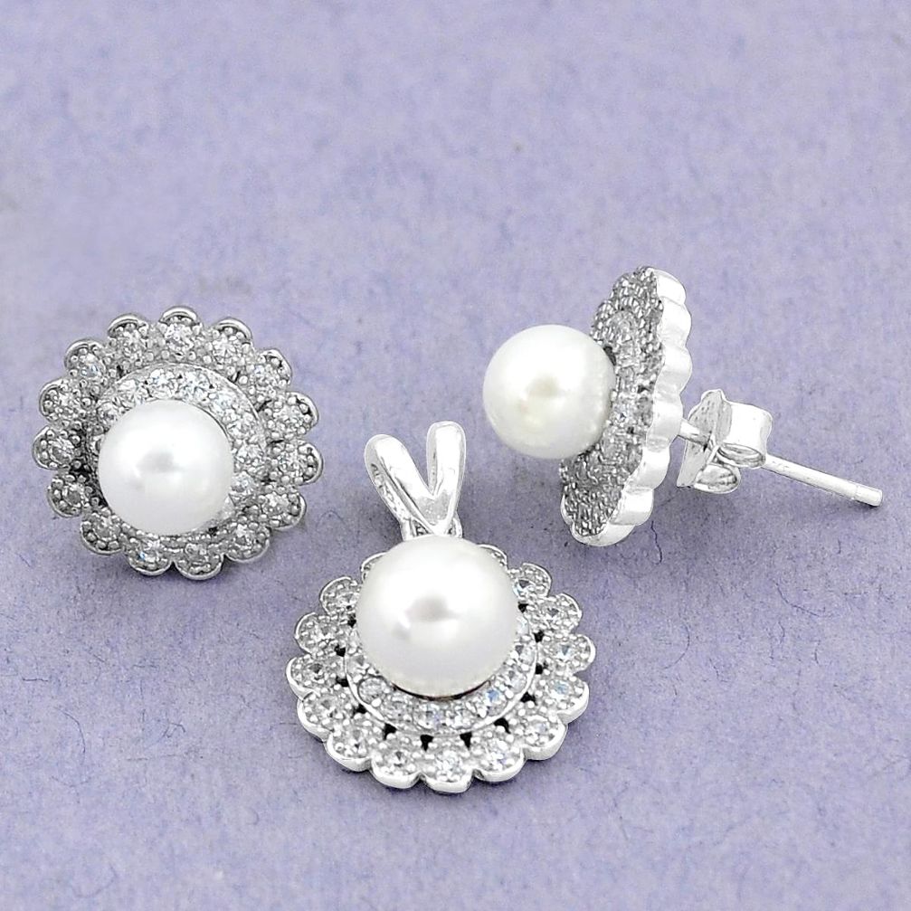 8.54cts natural white pearl topaz round 925 silver pendant earrings set a90605