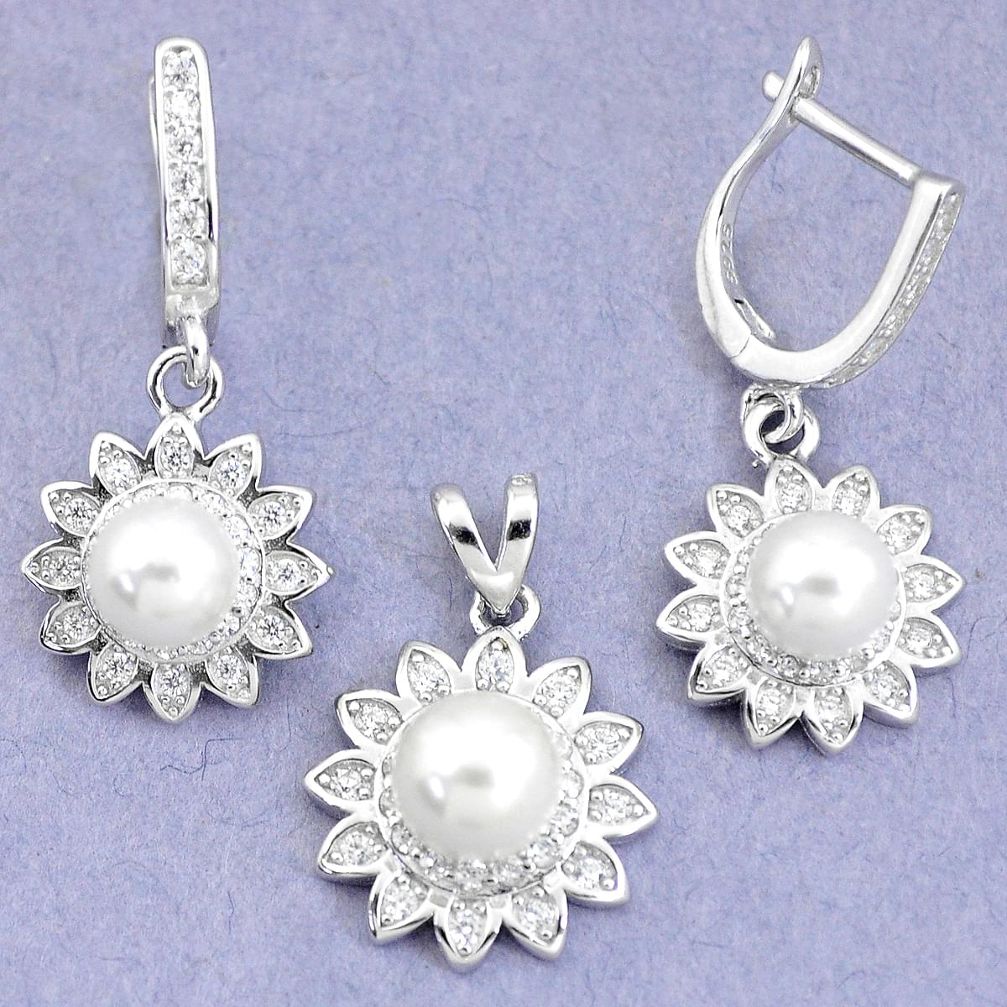 925 silver 8.71cts natural white pearl topaz round pendant earrings set a90650
