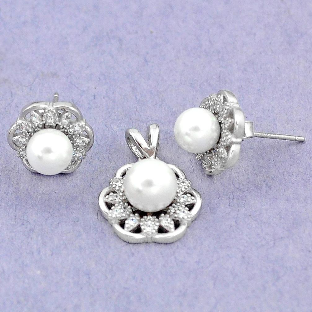 925 silver 7.54cts natural white pearl topaz round pendant earrings set a90655