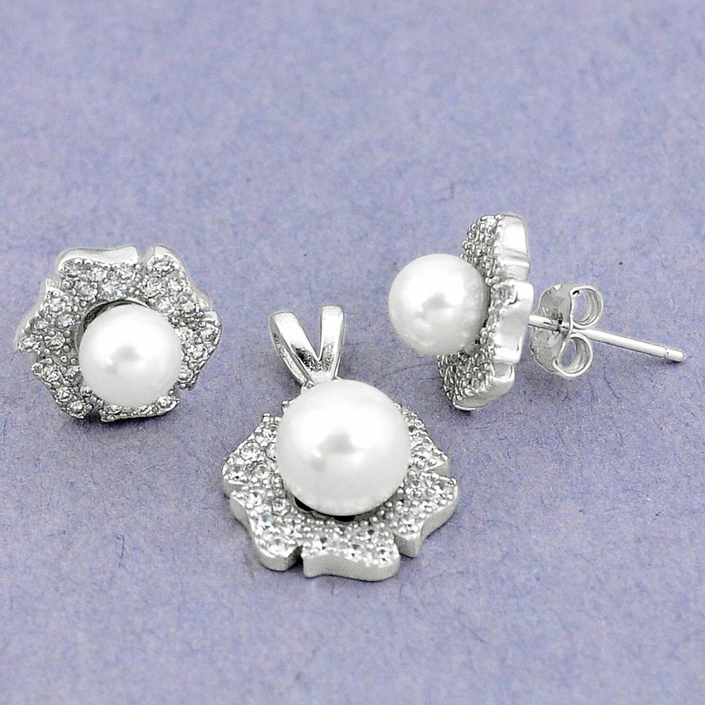 925 silver 9.04cts natural white pearl topaz round pendant earrings set a90660