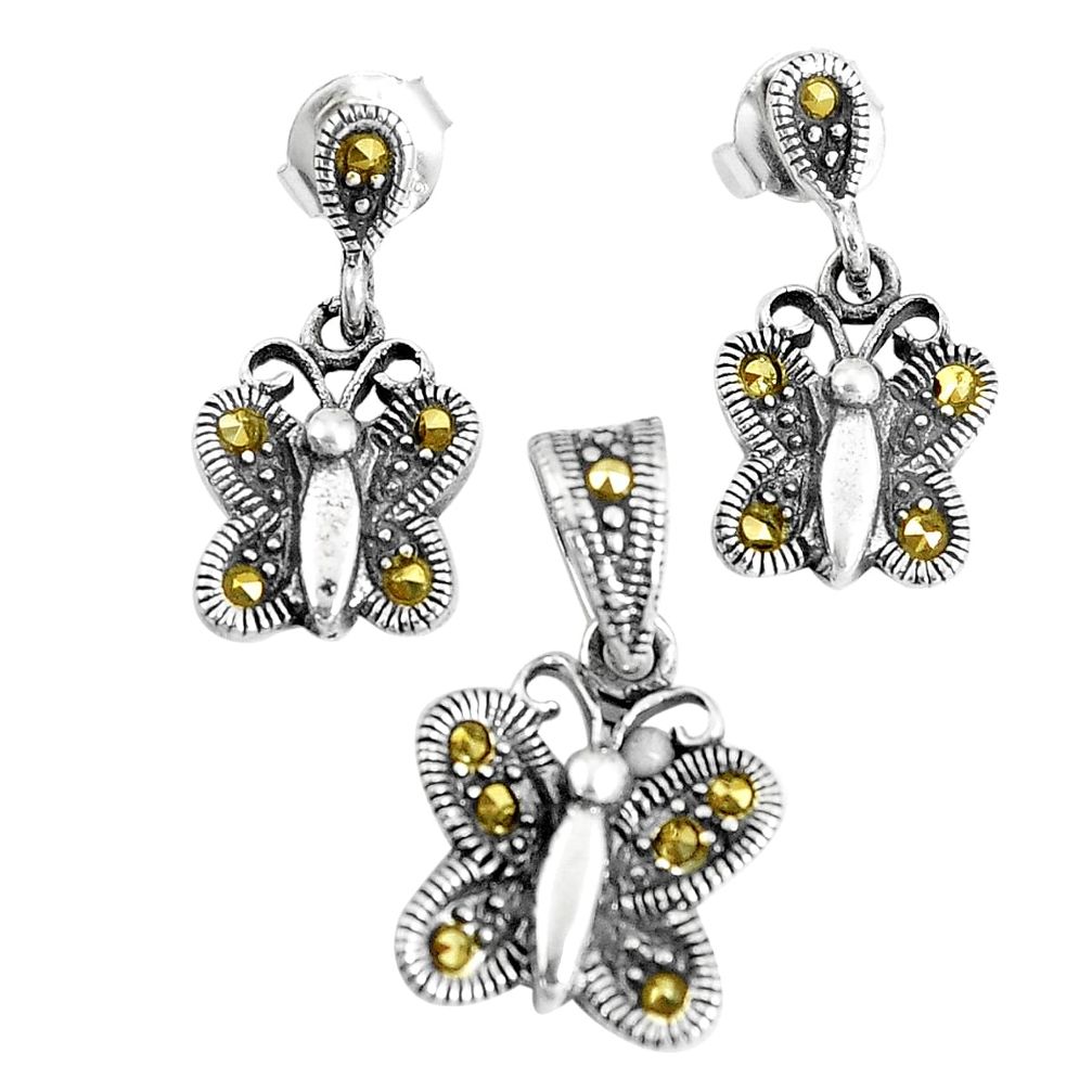 7.69gms fine marcasite 925 silver butterfly pendant earrings set jewelry a93513