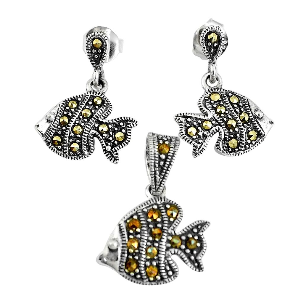 7.26gms marcasite 925 sterling silver fish pendant earrings set jewelry a93517