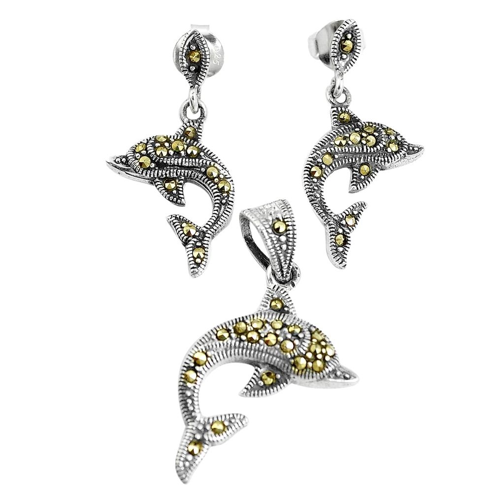 925 sterling silver 9.69gms fine marcasite dolphin pendant earrings set a93518