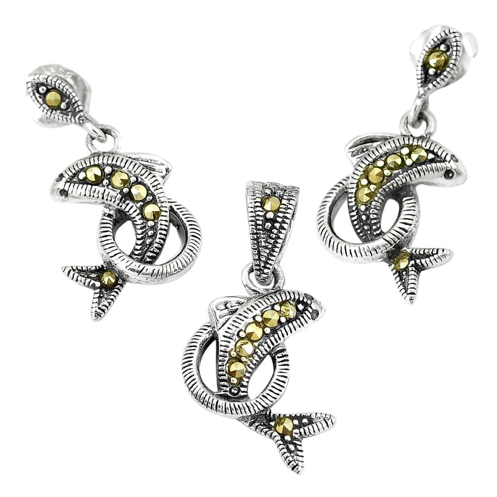 8.89gms fine marcasite 925 sterling silver fish pendant earrings set a93519