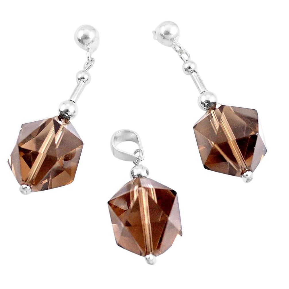 925 sterling silver 39.23cts brown smoky topaz pendant earrings set a94856