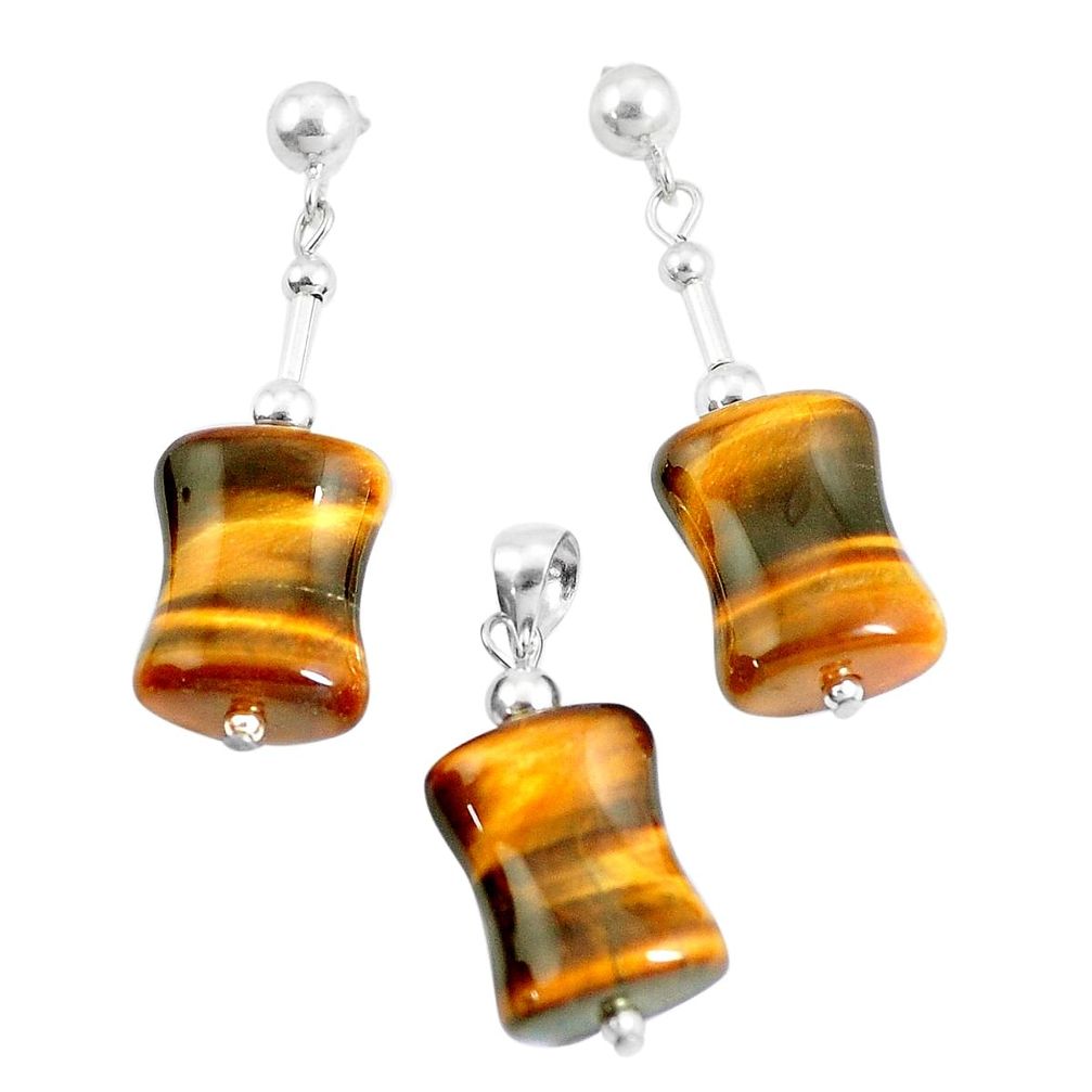 31.65cts natural brown tiger's eye 925 silver pendant earrings set a94857