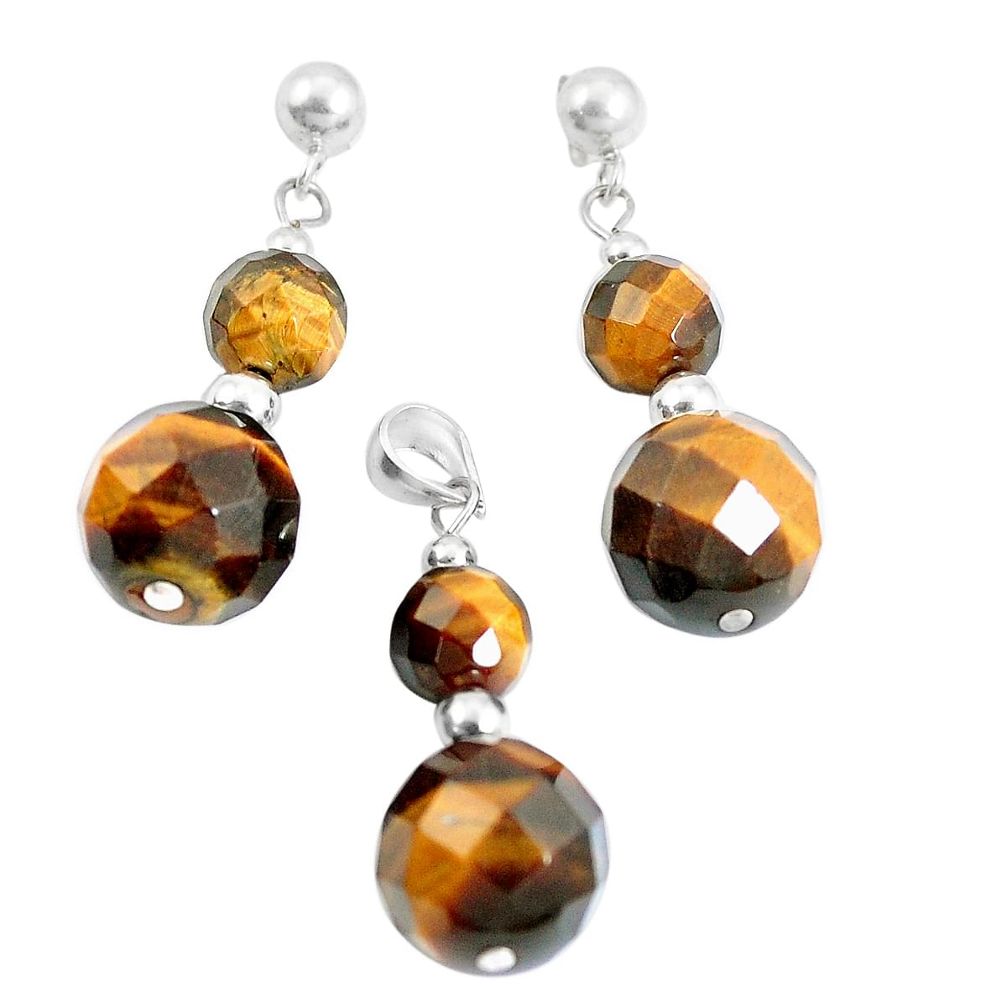 33.64cts natural brown tiger's eye 925 silver pendant earrings set a94858