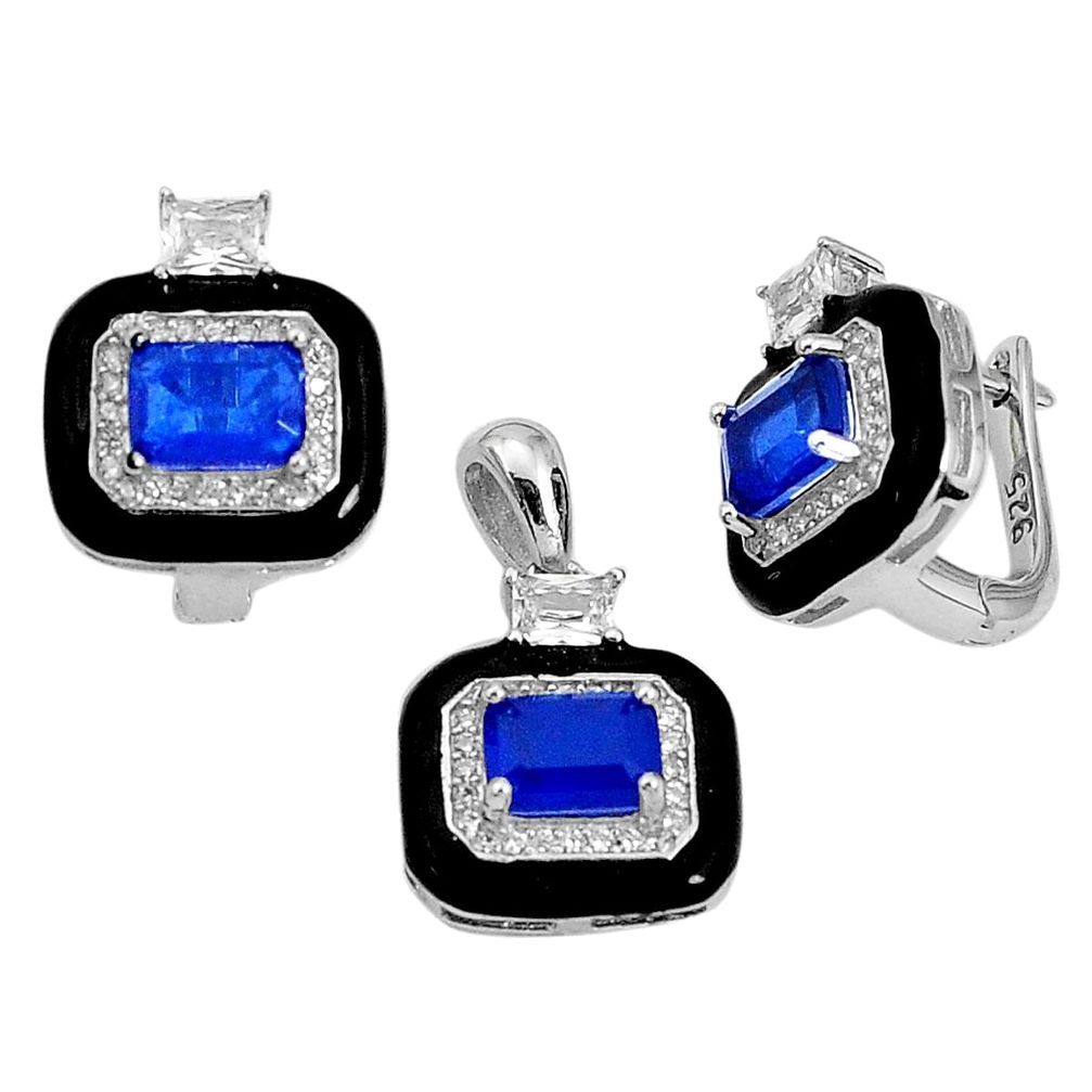 10.19cts blue sapphire (lab) topaz enamel 925 silver pendant earrings set a96942