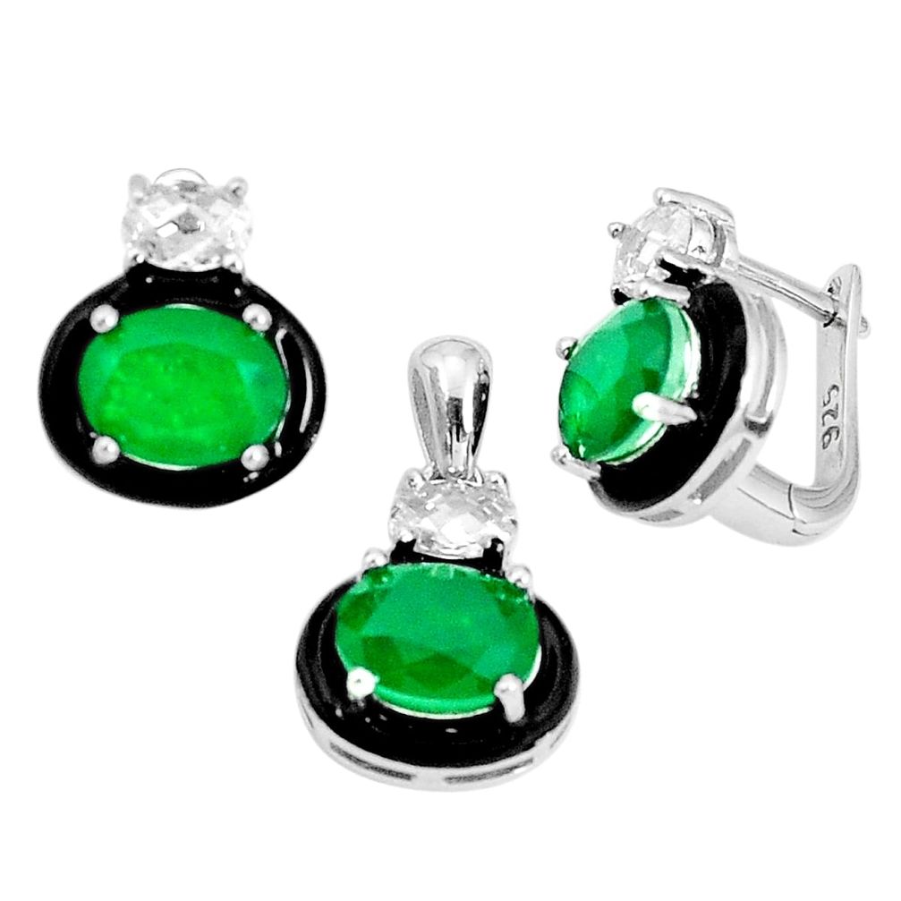 13.89cts green emerald (lab) topaz enamel 925 silver pendant earrings set a96955