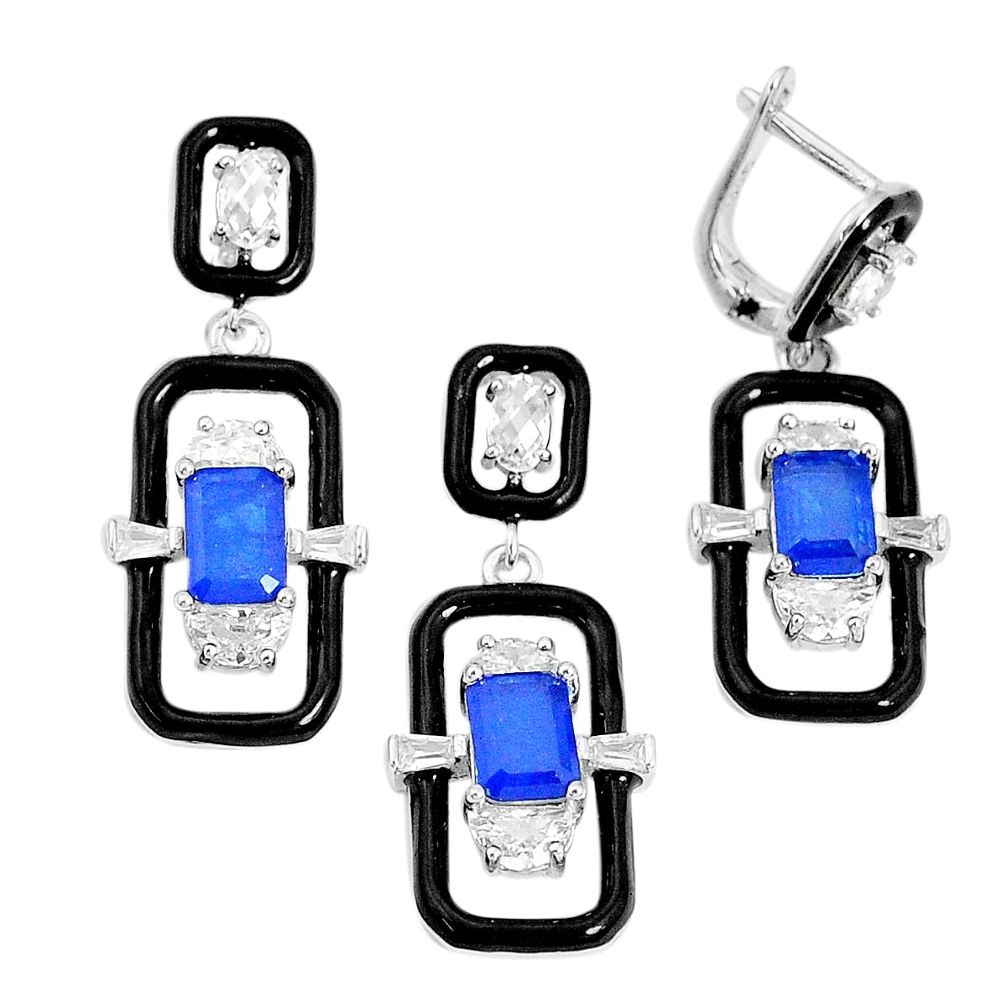 10.38cts blue sapphire (lab) topaz enamel 925 silver pendant earrings set a96991