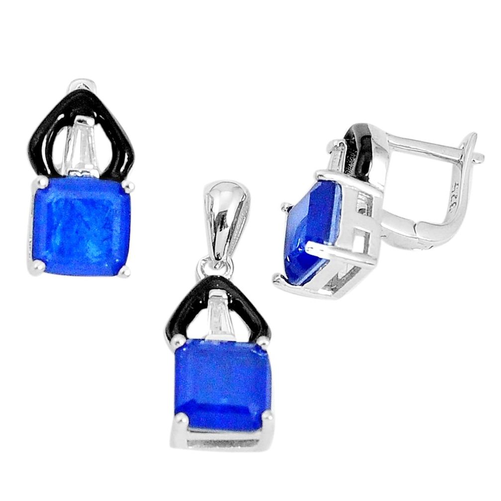 9.89cts blue sapphire (lab) topaz enamel 925 silver pendant earrings set a96992