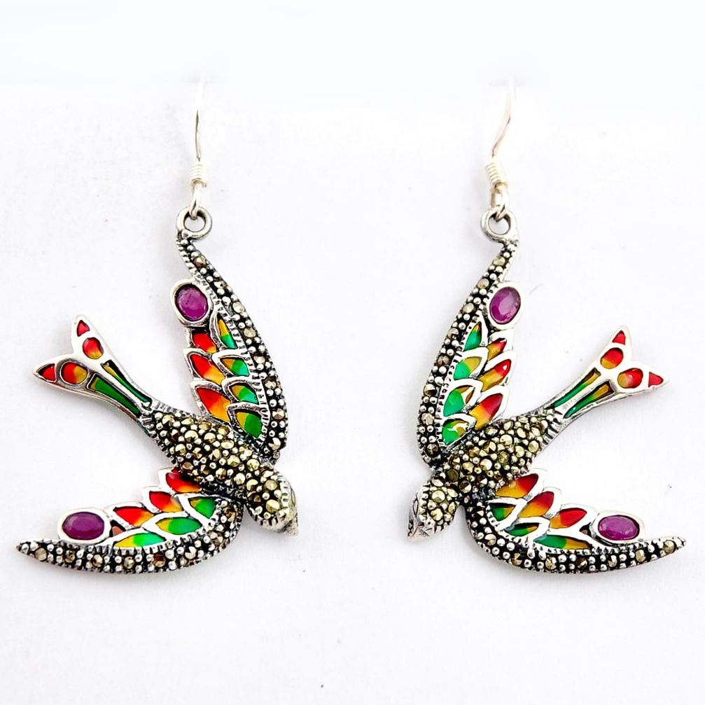 4.69gms natural white marcasite enamel 925 sterling silver bird earrings c5761