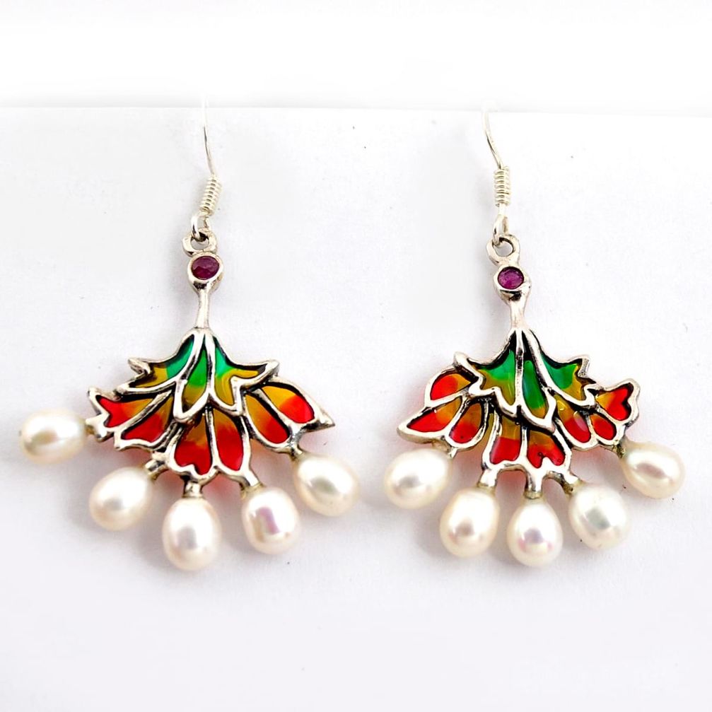 12.96cts natural white pearl ruby enamel 925 sterling silver earrings c5762