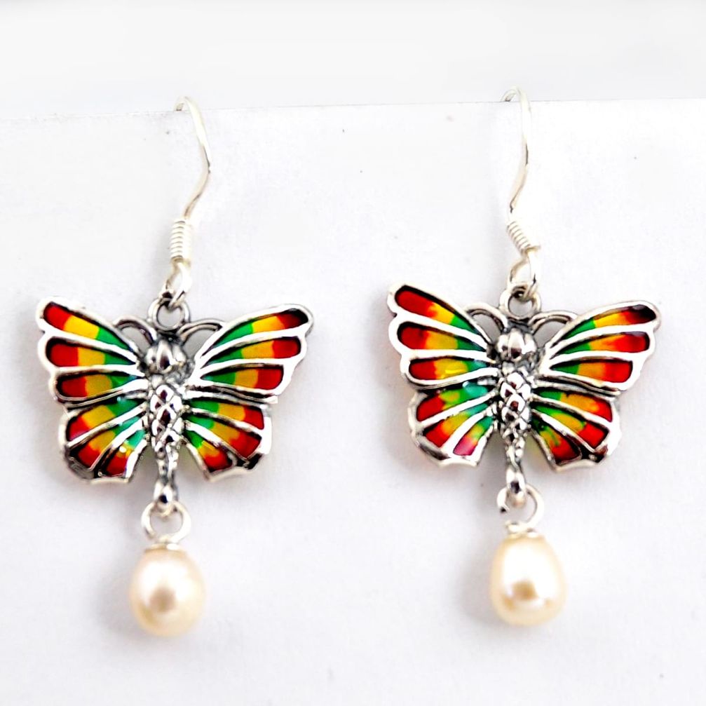 925 sterling silver 4.83cts natural white pearl enamel butterfly earrings c5769