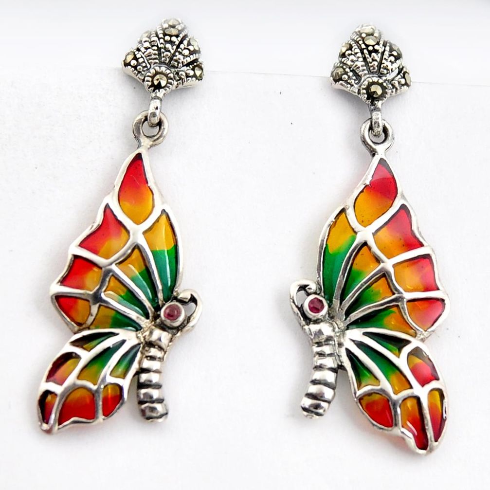 0.25cts natural red ruby marcasite enamel 925 silver butterfly earrings c5773