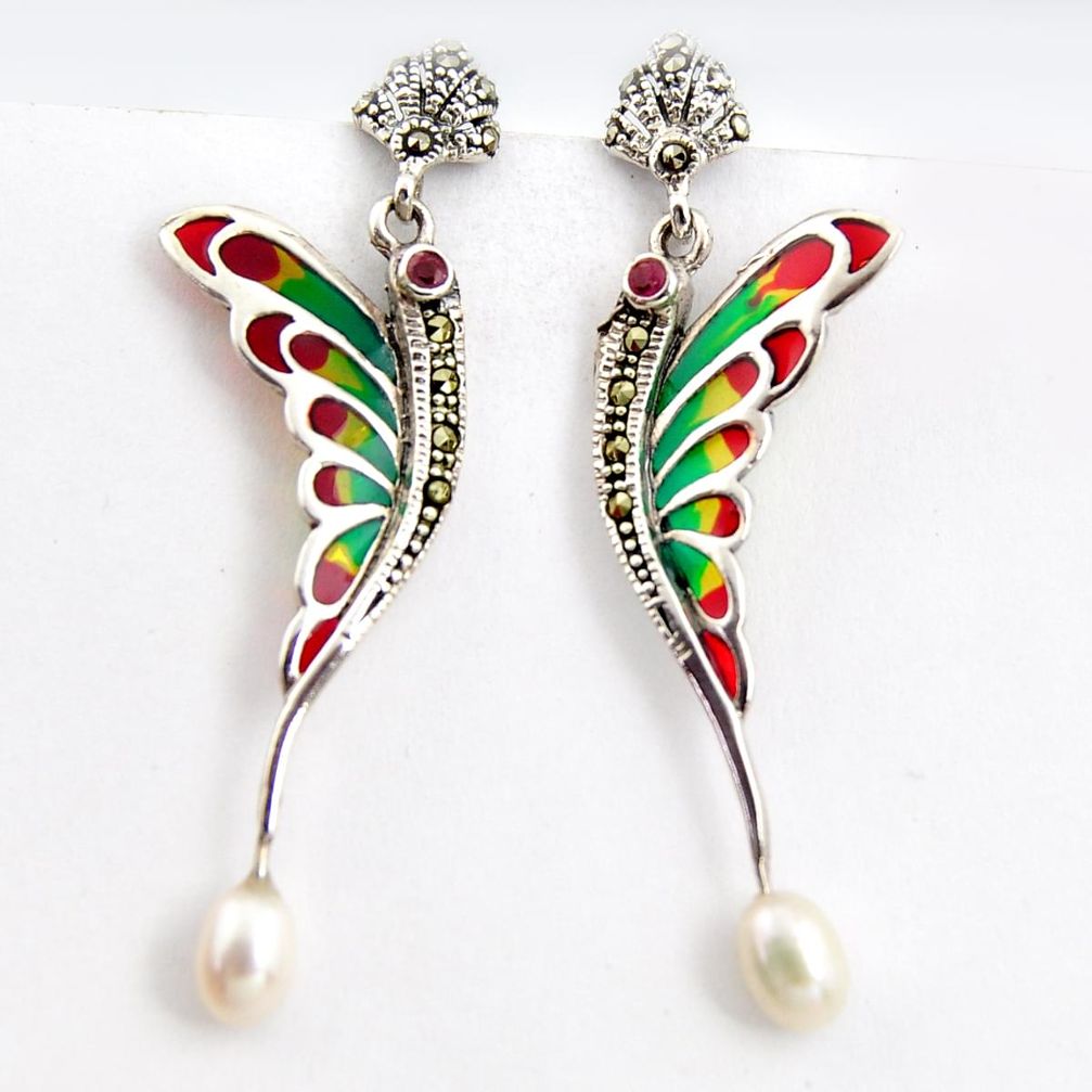 8.77cts natural white pearl marcasite enamel 925 silver dragonfly earrings c5775