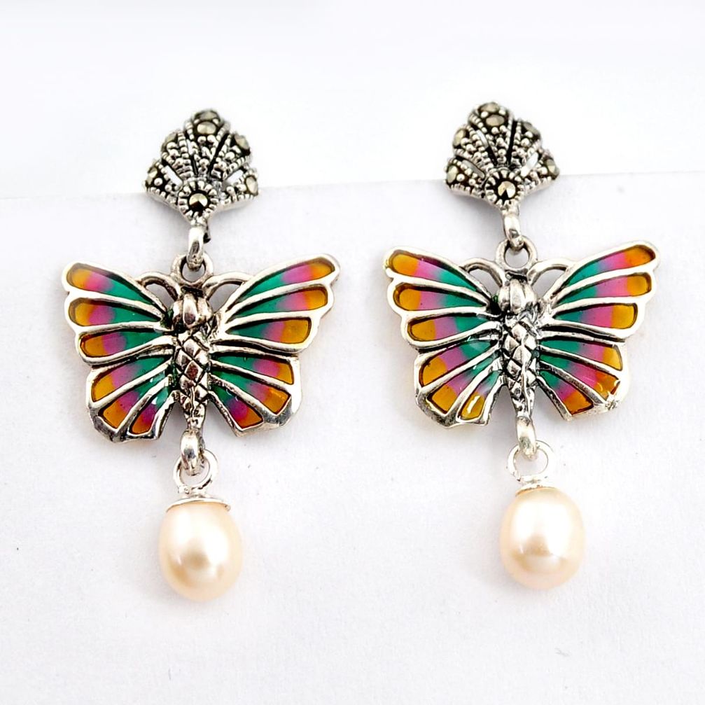 6.38cts natural white pearl marcasite enamel 925 silver butterfly earrings c5777