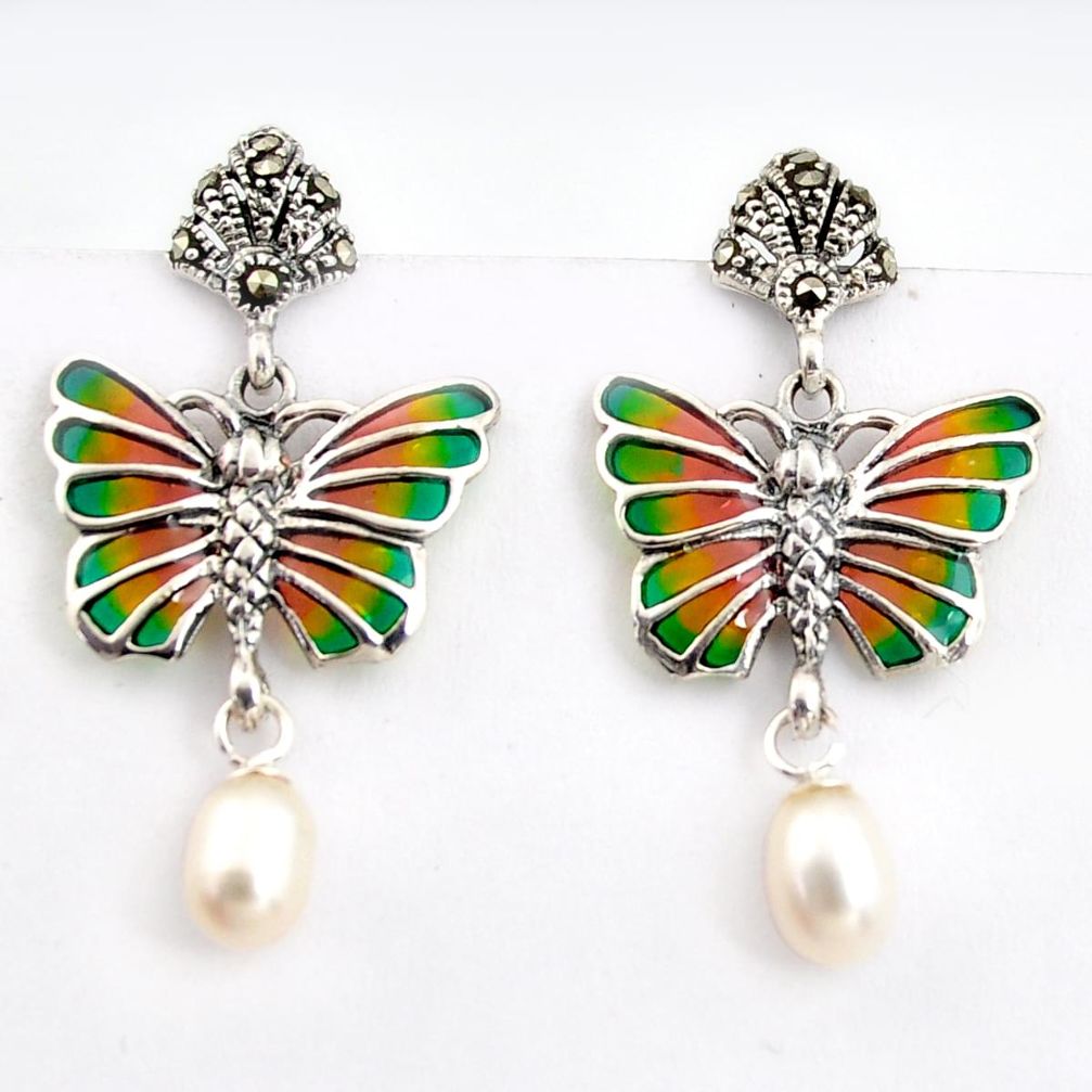 5.80cts natural white pearl marcasite enamel 925 silver butterfly earrings c5778