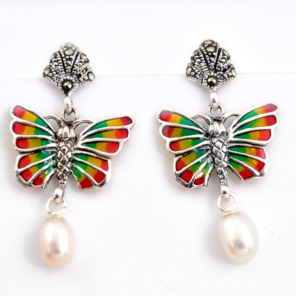 925 silver 6.39cts natural white pearl marcasite enamel butterfly earrings c5779