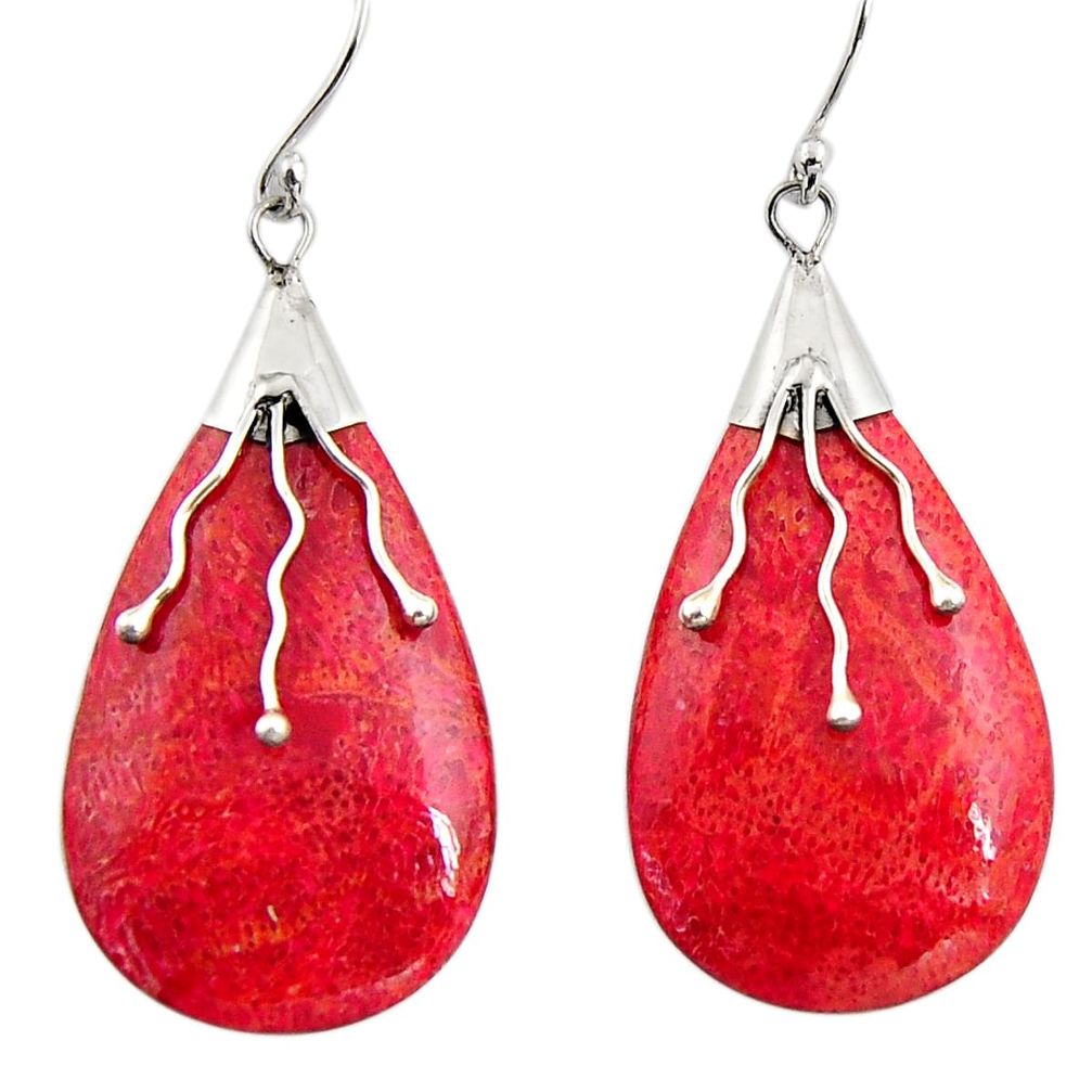 8.75cts natural red sponge coral 925 sterling silver dangle earrings c6222