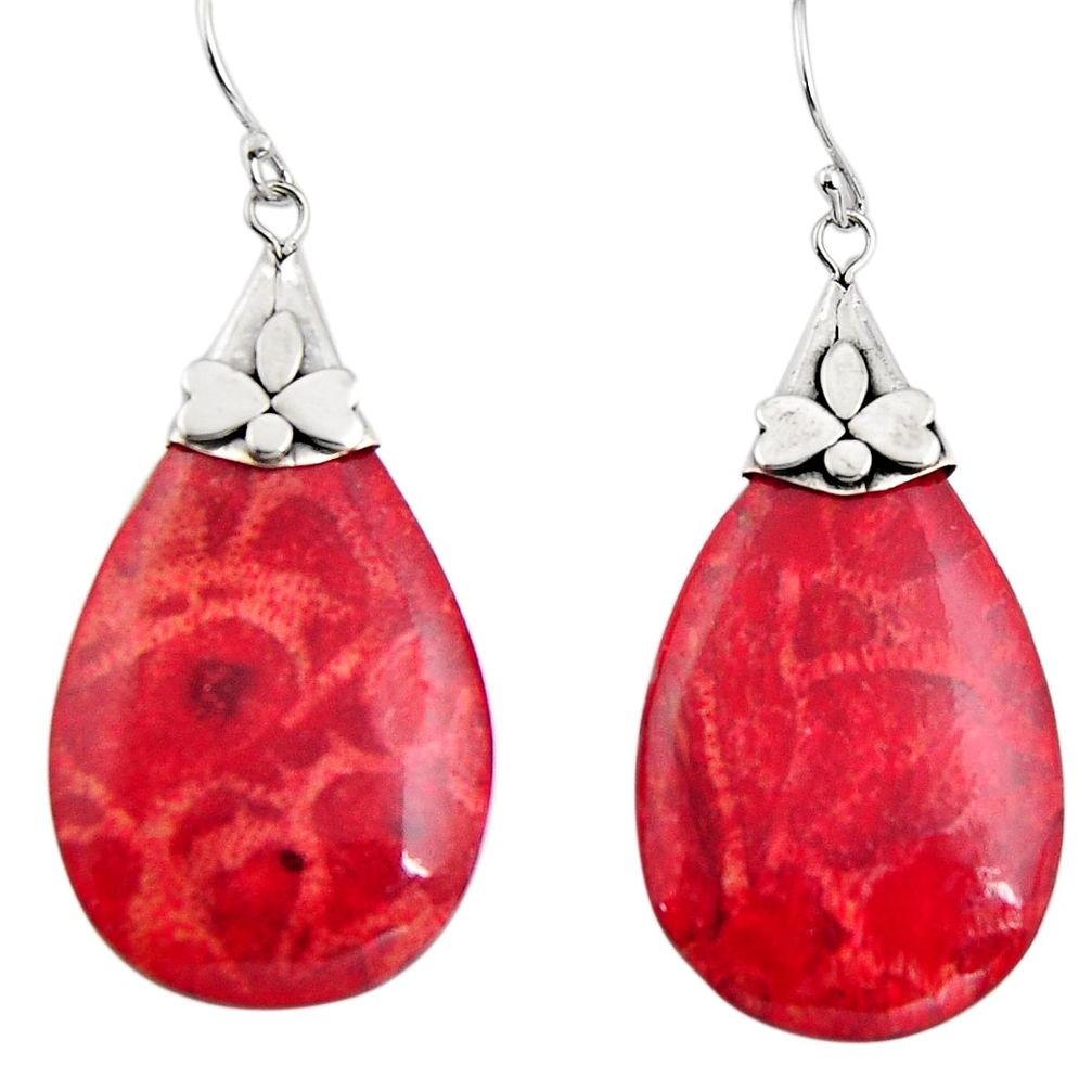 12.29cts natural red sponge coral 925 sterling silver dangle earrings c6225