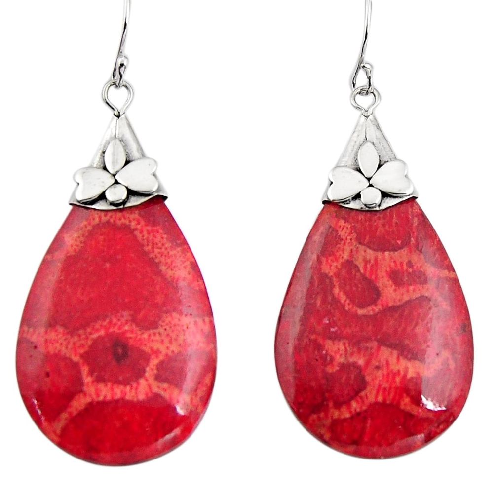12.29cts natural red sponge coral 925 sterling silver dangle earrings c6226
