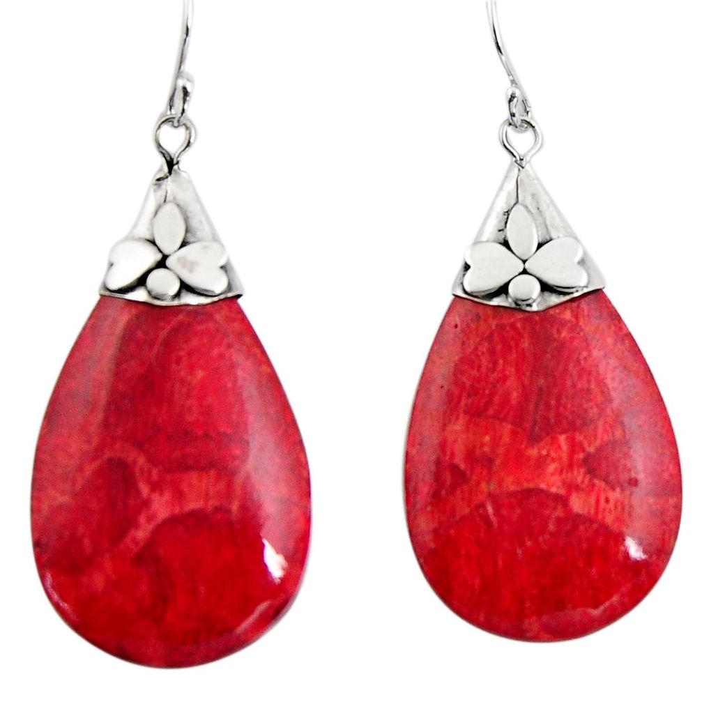 925 sterling silver 11.25cts natural red sponge coral dangle earrings c6227