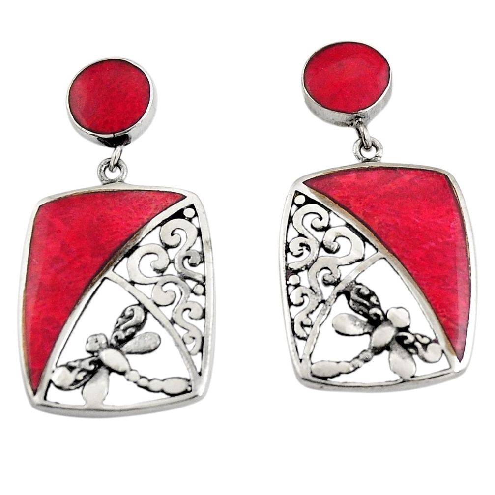 7.89cts natural red sponge coral 925 sterling silver dragonfly earrings c6287