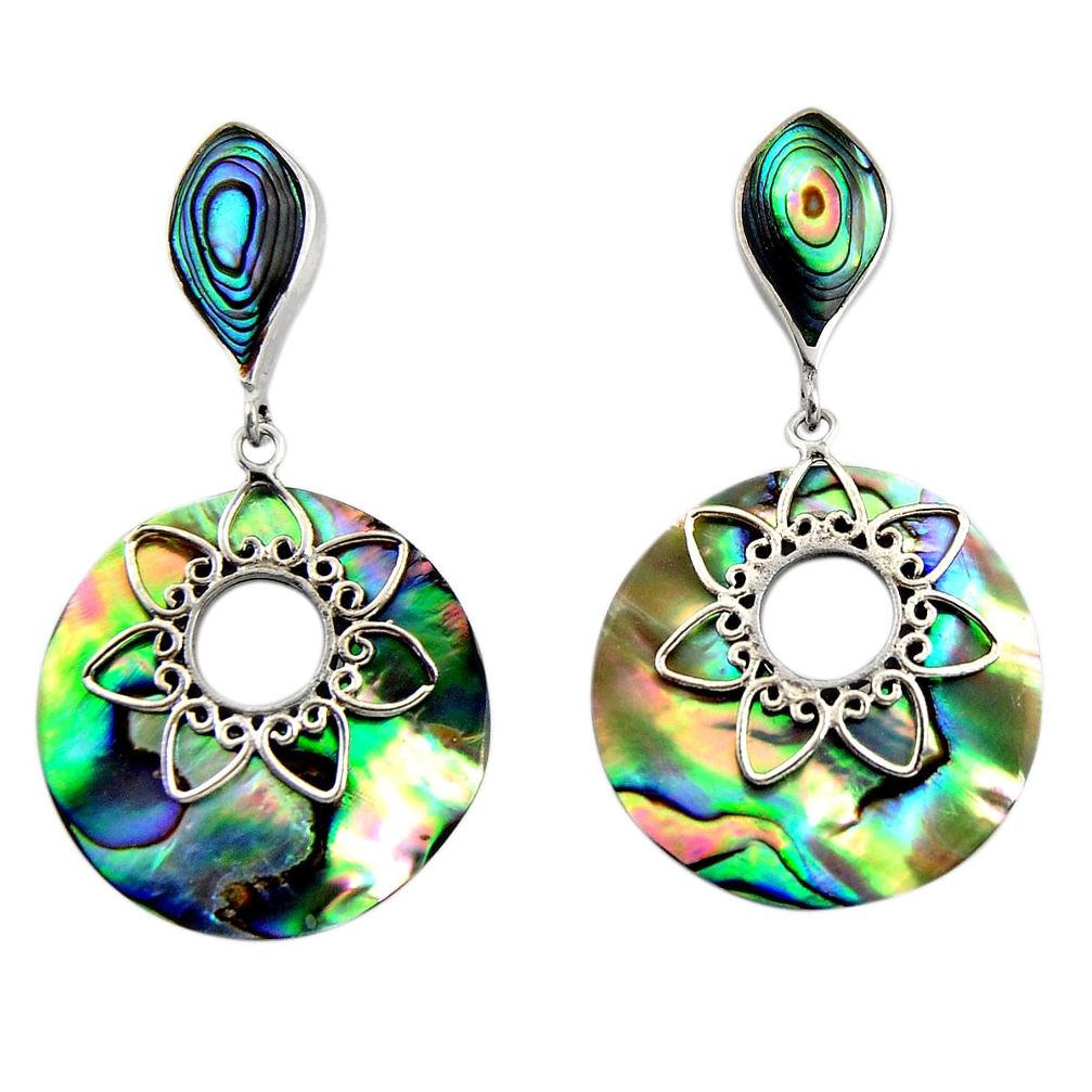 16.49cts natural green abalone paua seashell 925 silver dangle earrings c6327